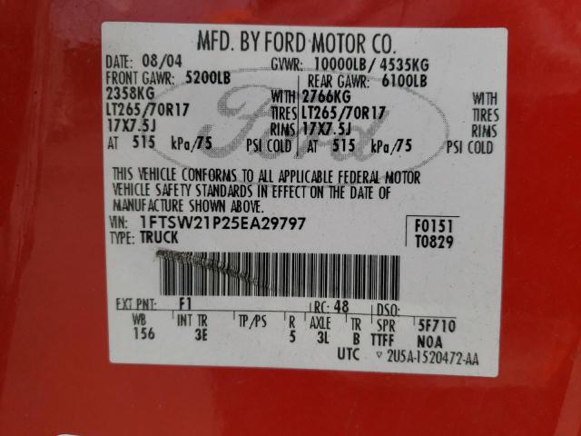 Photo 10 from auction – 2005 FORD F250 SUPER with VIN 1FTSW21P25EA29797
