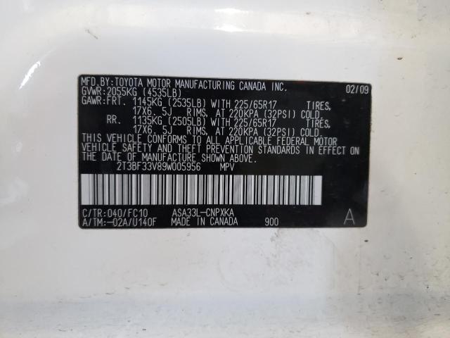 Photo 10 from auction – 2009 TOYOTA RAV4 with VIN 2T3BF33V89W005956