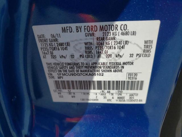 Photo 10 from auction – 2012 FORD ESCAPE XLT with VIN 1FMCU9DG7CKA05102