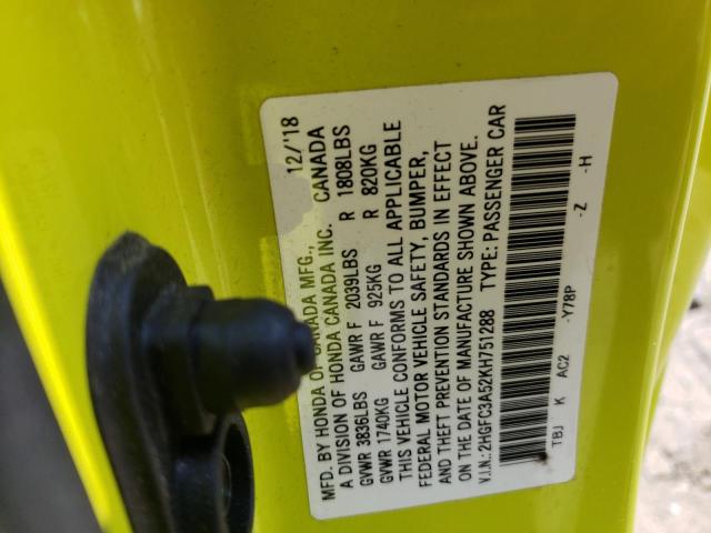 Photo 10 from auction – 2019 HONDA CIVIC SI with VIN 2HGFC3A52KH751288