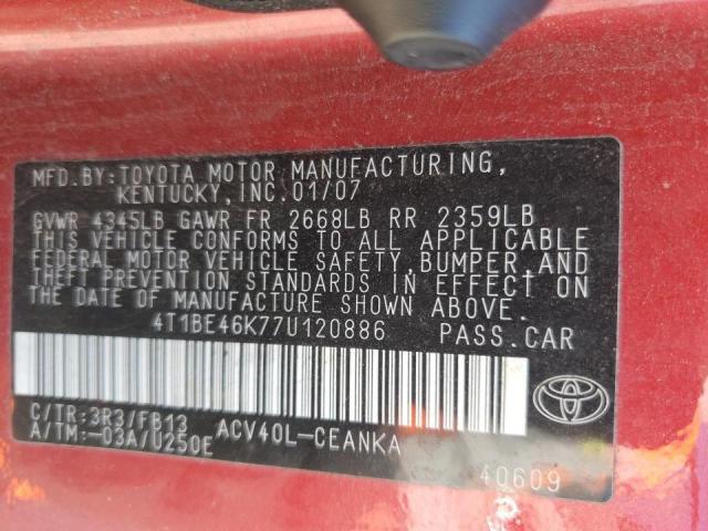 Photo 10 from auction – 2007 TOYOTA CAMRY CE with VIN 4T1BE46K77U120886