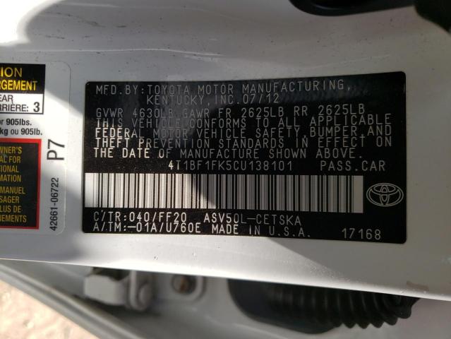 Photo 10 from auction – 2012 TOYOTA CAMRY BASE with VIN 4T1BF1FK5CU138101