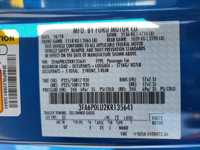 Photo 10 from auction – 2019 FORD FUSION SE with VIN 3FA6P0LU2KR135641