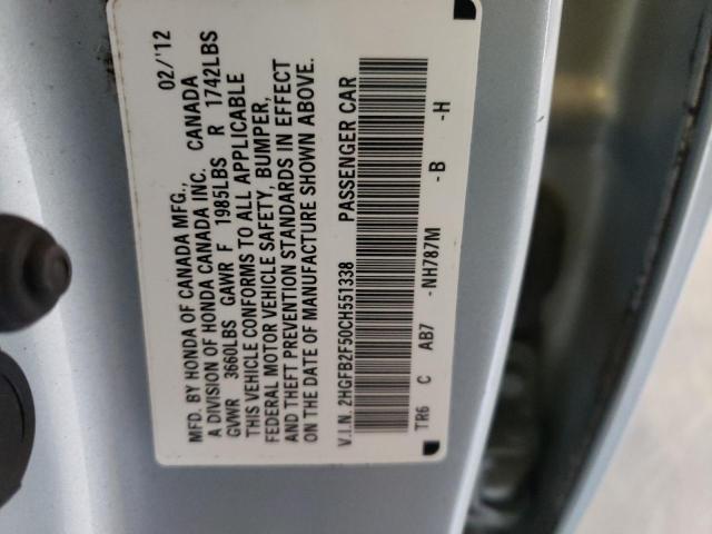 Photo 10 from auction – 2012 HONDA CIVIC LX with VIN 2HGFB2F50CH551338