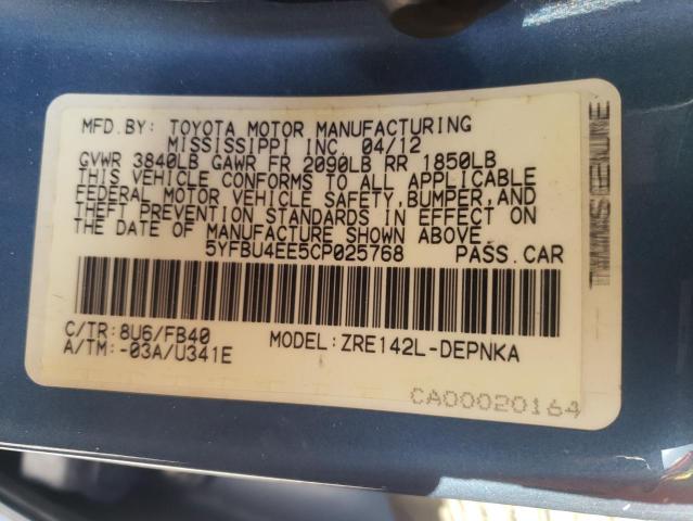 Photo 10 from auction – 2012 TOYOTA COROLLA BA with VIN 5YFBU4EE5CP025768