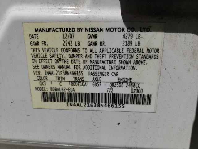 Photo 10 from auction – 2008 NISSAN ALTIMA with VIN 1N4AL21E38N466155