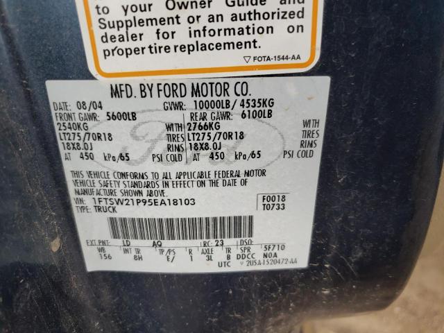 Photo 10 from auction – 2005 FORD F250 SUPER with VIN 1FTSW21P95EA18103