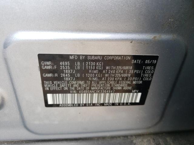 Photo 10 from auction – 2019 SUBARU OUTBACK 2. with VIN 4S4BSANC0K3364847