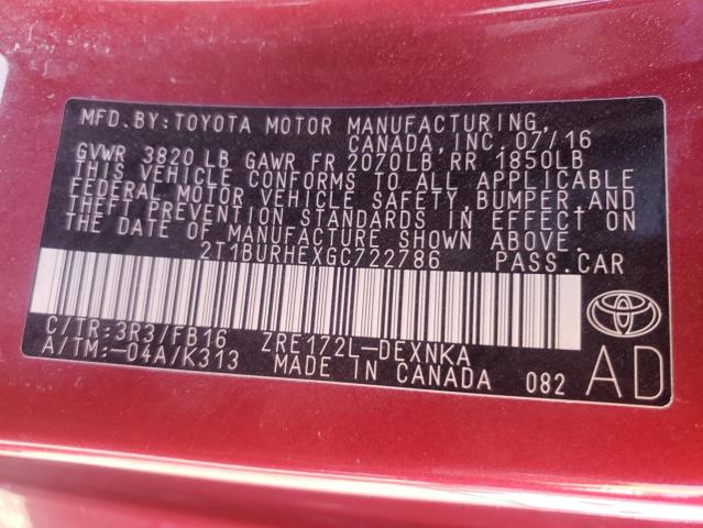 Фото 10 с аукциона – 2016 TOYOTA COROLLA L с VIN 2T1BURHEXGC722786