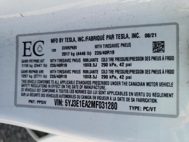 Photo 10 from auction – 2021 TESLA MODEL 3 with VIN 5YJ3E1EA2MF031280