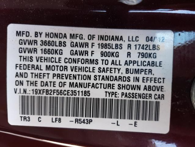 Photo 10 from auction – 2012 HONDA CIVIC LX with VIN 19XFB2F56CE351185