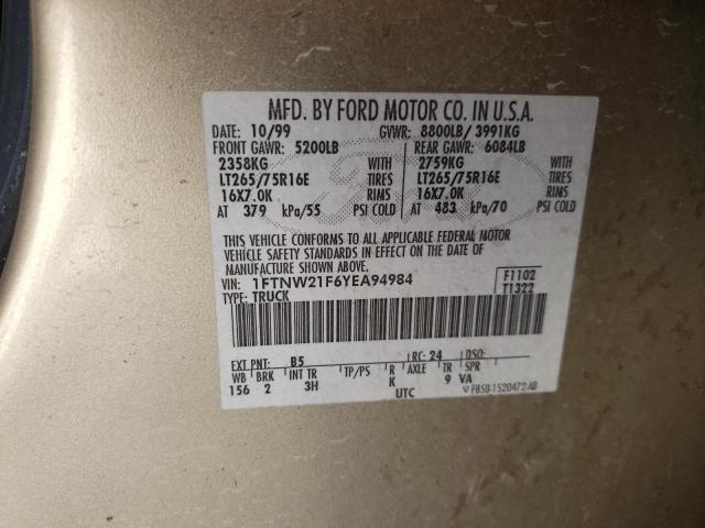 Photo 10 from auction – 2000 FORD F250 SUPER with VIN 1FTNW21F6YEA94984