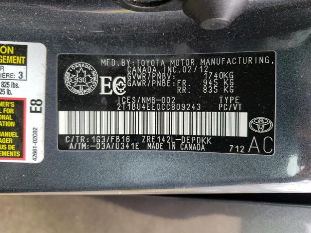 Photo 10 from auction – 2012 TOYOTA COROLLA BA with VIN 2T1BU4EE0CC809243