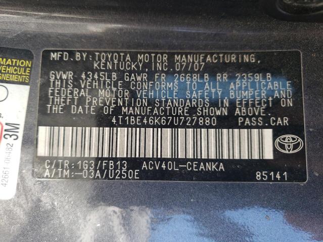 Photo 10 from auction – 2007 TOYOTA CAMRY CE with VIN 4T1BE46K67U727880