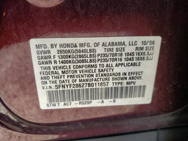 Photo 10 from auction – 2007 HONDA PILOT EXL with VIN 5FNYF28627B011857
