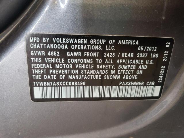 Photo 10 from auction – 2012 VOLKSWAGEN PASSAT SE with VIN 1VWBN7A3XCC098496
