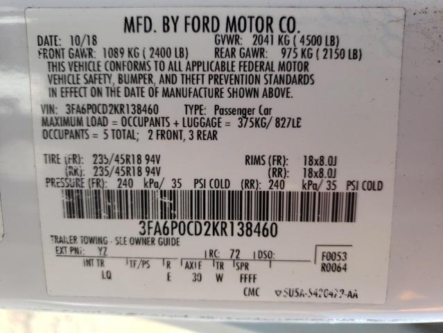 Photo 10 from auction – 2019 FORD FUSION SEL with VIN 3FA6P0CD2KR138460