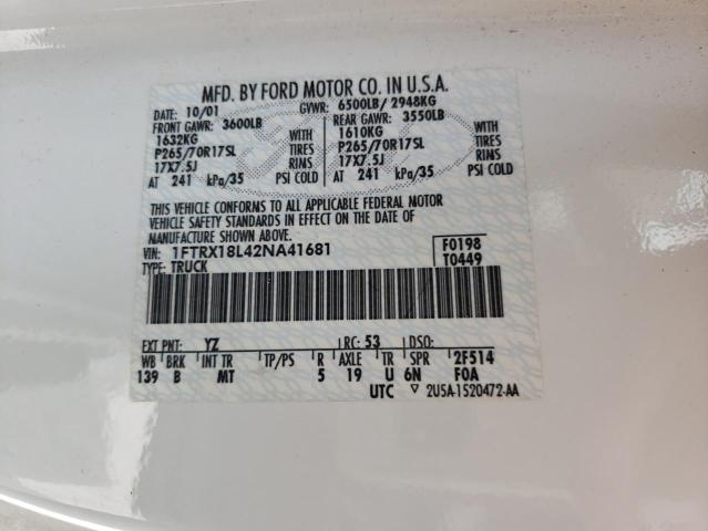 Photo 10 from auction – 2002 FORD F150 with VIN 1FTRX18L42NA41681