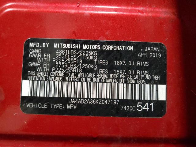 Photo 10 from auction – 2019 MITSUBISHI OUTLANDER with VIN JA4AD2A36KZ047197