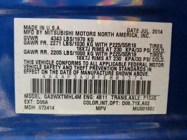 Photo 10 from auction – 2015 MITSUBISHI OUTLANDER with VIN 4A4AP3AU0FE003374