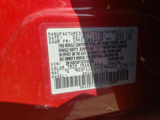 Photo 10 from auction – 2014 NISSAN SENTRA S with VIN 3N1AB7AP1EY248289