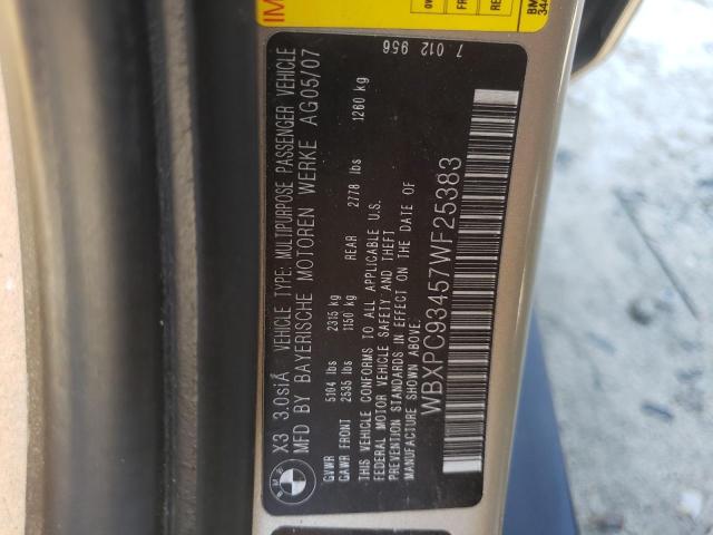 Photo 10 from auction – 2007 BMW X3 3.0SI with VIN WBXPC93457WF25383