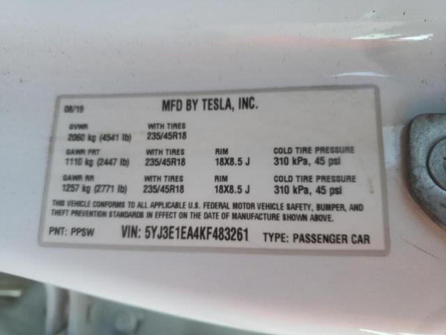 Photo 10 from auction – 2019 TESLA MODEL 3 with VIN 5YJ3E1EA4KF483261