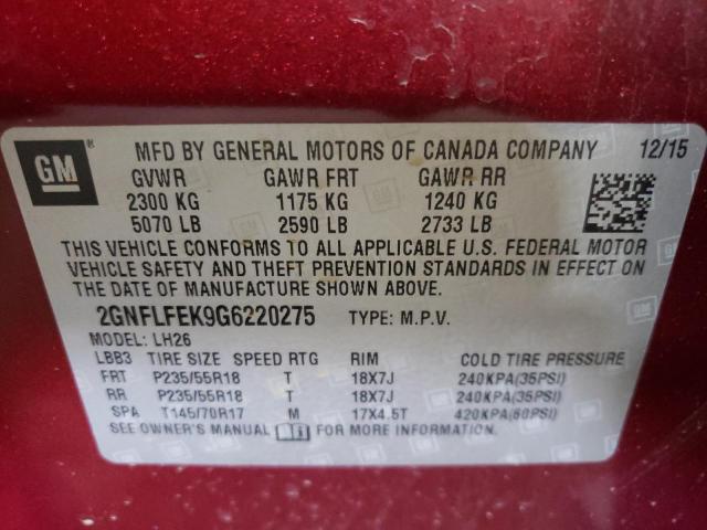 Photo 10 from auction – 2016 CHEVROLET EQUINOX LT with VIN 2GNFLFEK9G6220275