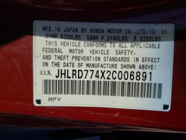 Photo 10 from auction – 2002 HONDA CR-V LX with VIN JHLRD774X2C006891