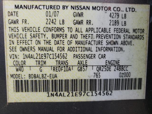 Photo 10 from auction – 2007 NISSAN ALTIMA 2.5 with VIN 1N4AL21E97C154562