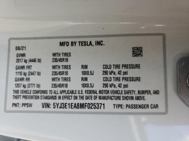 Photo 10 from auction – 2021 TESLA MODEL 3 with VIN 5YJ3E1EA8MF025371