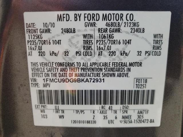 Photo 10 from auction – 2011 FORD ESCAPE XLT with VIN 1FMCU9DG9BKA72931