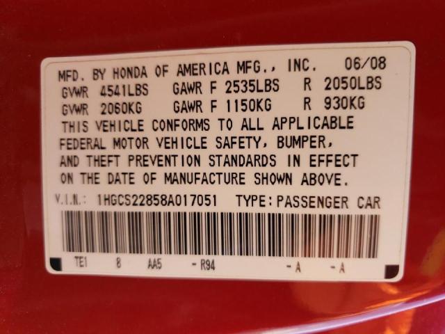 Photo 10 from auction – 2008 HONDA ACCORD with VIN 1HGCS22858A017051