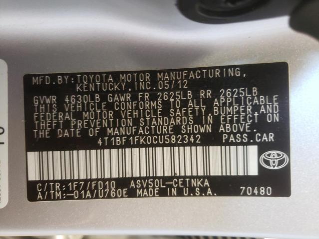 Photo 10 from auction – 2012 TOYOTA CAMRY BASE with VIN 4T1BF1FK0CU582342