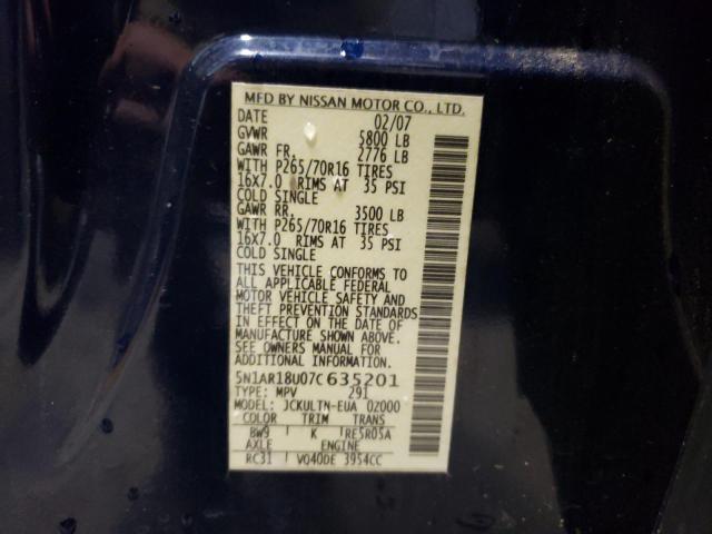 Photo 10 from auction – 2007 NISSAN PATHFINDER with VIN 5N1AR18U07C635201