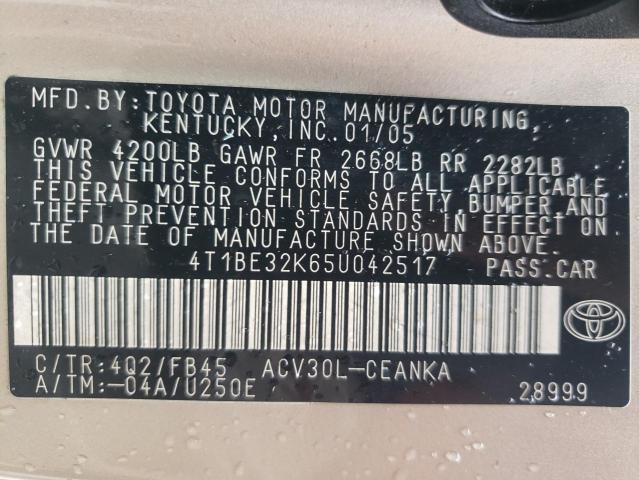 Photo 10 from auction – 2005 TOYOTA CAMRY LE with VIN 4T1BE32K65U042517