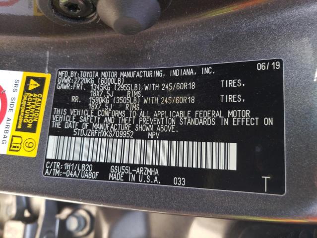 Photo 10 from auction – 2019 TOYOTA HIGHLANDER with VIN 5TDJZRFHXKS709952
