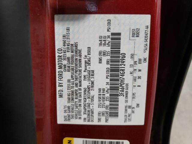 Photo 10 from auction – 2016 FORD FUSION SE with VIN 3FA6P0H74GR124960