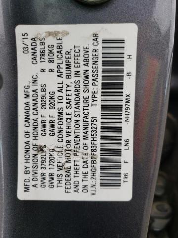 Photo 10 from auction – 2015 HONDA CIVIC EX with VIN 2HGFB2F83FH532751