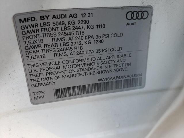 Photo 10 from auction – 2022 AUDI A4 ALLROAD with VIN WA18AAF4XNA018694