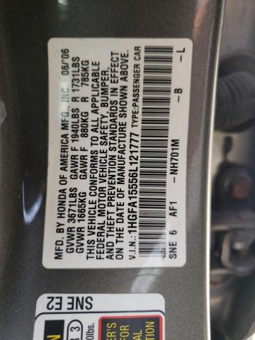 Photo 10 from auction – 2006 HONDA CIVIC with VIN 1HGFA15556L121777