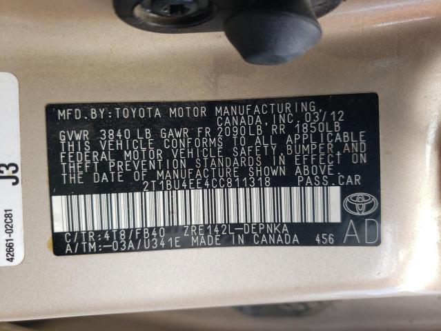 Photo 10 from auction – 2012 TOYOTA COROLLA BA with VIN 2T1BU4EE4CC811318