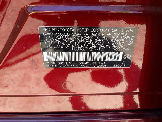 Photo 10 from auction – 2007 LEXUS ES 350 with VIN JTHBJ46G772077107