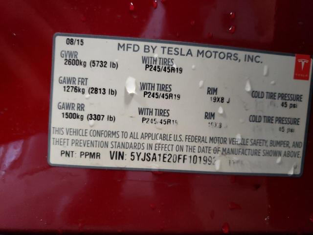 Photo 10 from auction – 2015 TESLA MODEL S with VIN 5YJSA1E20FF101992