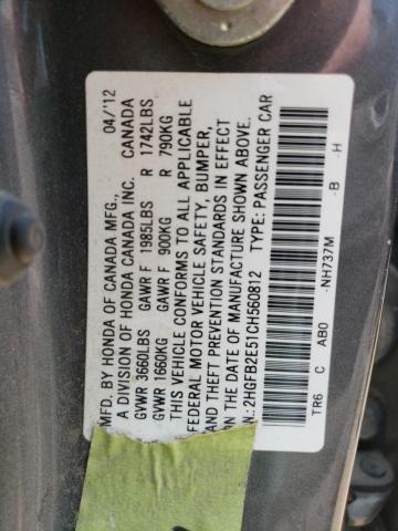 Photo 10 from auction – 2012 HONDA CIVIC LX with VIN 2HGFB2E51CH560812