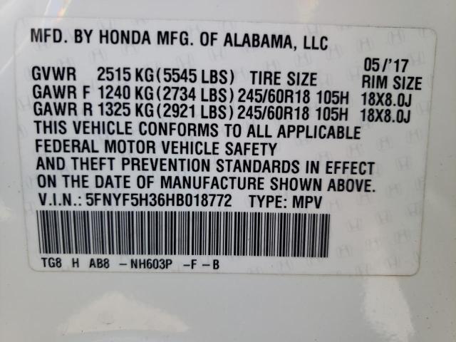 Photo 10 from auction – 2017 HONDA PILOT EX with VIN 5FNYF5H36HB018772