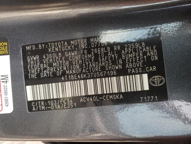 Photo 10 from auction – 2007 TOYOTA CAMRY CE with VIN 4T1BE46K37U567196
