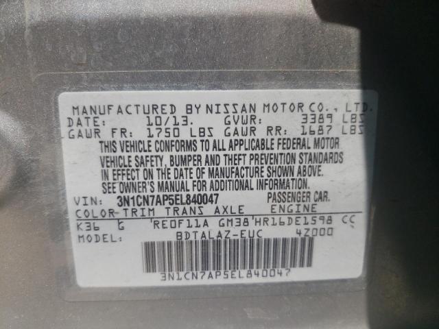 Photo 10 from auction – 2014 NISSAN VERSA S with VIN 3N1CN7AP5EL840047