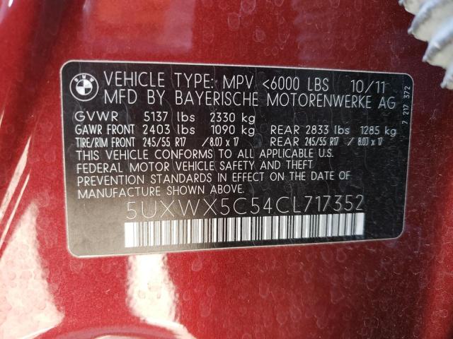 Photo 10 from auction – 2012 BMW X3 XDRIVE2 with VIN 5UXWX5C54CL717352
