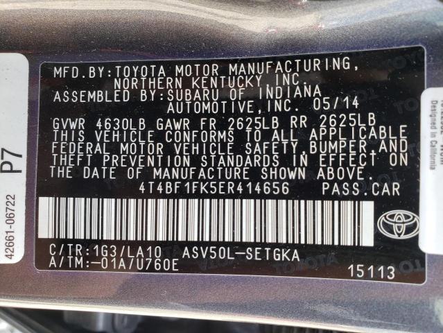 Photo 10 from auction – 2014 TOYOTA CAMRY L with VIN 4T4BF1FK5ER414656